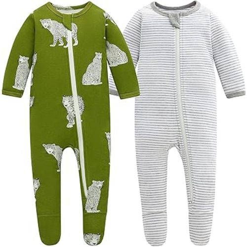 Owlivia Organic Cotton Baby Pajamas, 3-6 months, Boys Girls Zip Front Sleep 'N Play Pjs, Footed Sleeper, Long Sleeve