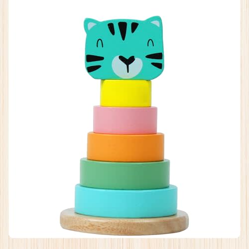 Little Frog Toys - Wooden Cat Stacking Toy, Toddler Tower Sensory Toys, Sustainable Educational Toys, Toddler Learning Toys, 7-Piece Set Bright Colour Stacking Rings, Wooden Baby Toys for Ages 1+