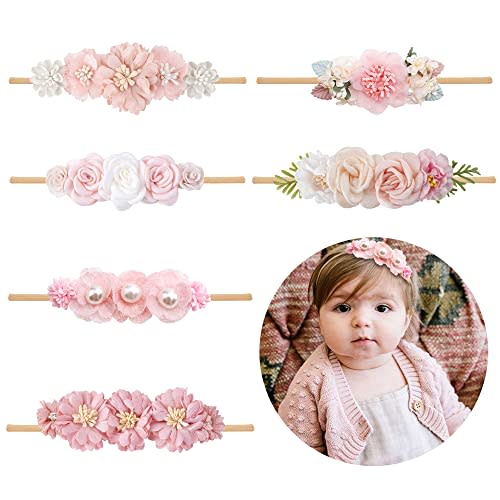 6PCS Baby Girl Flower Headband Elastic Hairbands Handmade Nylon Bows Floral Hair Accessories Gifts for Newborn Infant Toddlers