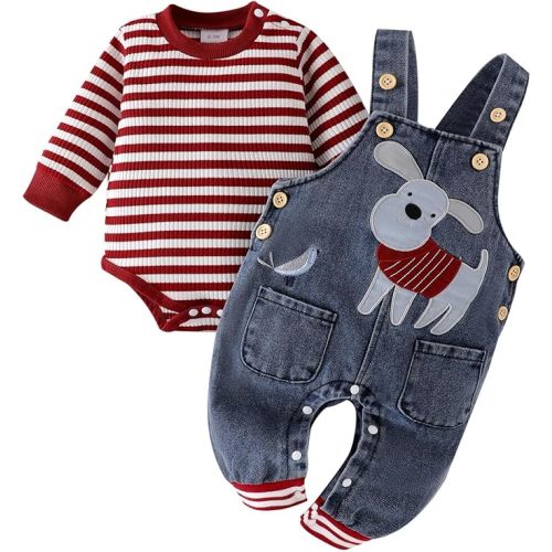 (12-18m) Baby Boy Clothes Fall Winter Outfits Long Sleeve Striped Romper Cute Cartoon Jeans Overalls Pants Set 0-18 Months