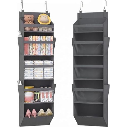 Lifewit 1 Pack Over the Door Organizer, 5 Section Clear Window Hanging Storage with 4 Side Pockets, Sturdy Anti Tilt 40 lbs Load Behind Door for Closet, Bedroom, Bathroom, Nursery, Dorm, Dark Gray