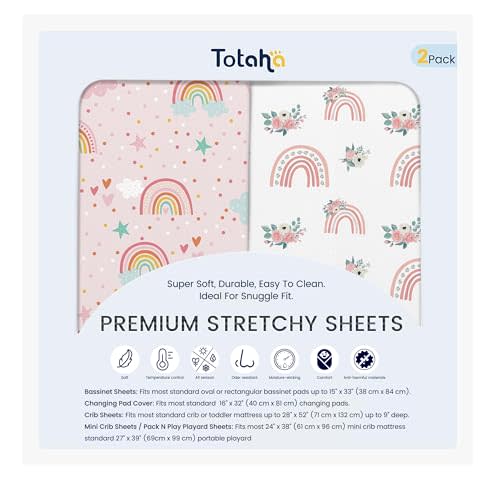 TotAha Premium Soft Bassinet Sheet for Boy Girl, Super Stretchy Jersey Knit Bassinet Fitted Sheet, Compatible with Halo, Maxi COSI, Mika Micky, SNOO, and Other Bassinet, 2 Pack (Rainbow)
