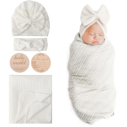 BQUBO Baby Swaddle Blankets for Girls, 4PCS Newborn Accessories Set with Hat and Bow Headband with Hello World Wooden Birth Announcement Card, Baby Blankets for Girls (White)