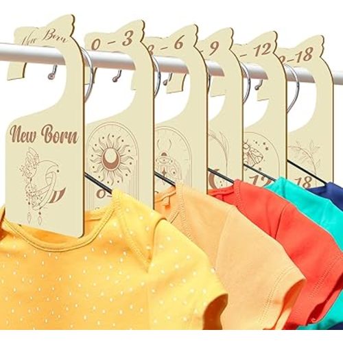 Baby Closet Organizer, 8 Pack Wooden Double-Sided Baby Clothes Size Hanger Organizer from Newborn to 24 Months for Daycare Wardrobe, Boho Nursery Decor