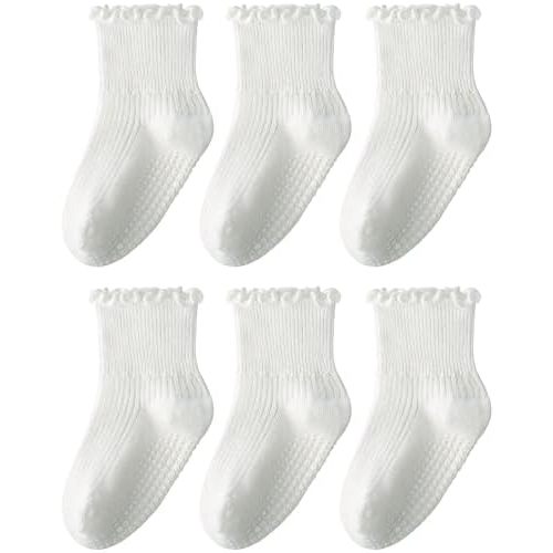 HONGTEYA Toddler Ruffle Socks Non Slip Baby Socks for 1-2 Years 3-4 Years 5-6 Years 6 Pairs, for Girls Boys, with Grips