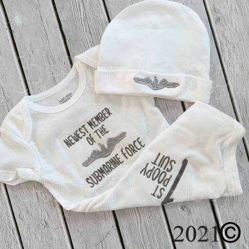 Your Choice of Design - Newest Member Submarine Warfare Poopy Suit - Body Suit or Body Suit & Beanie Set