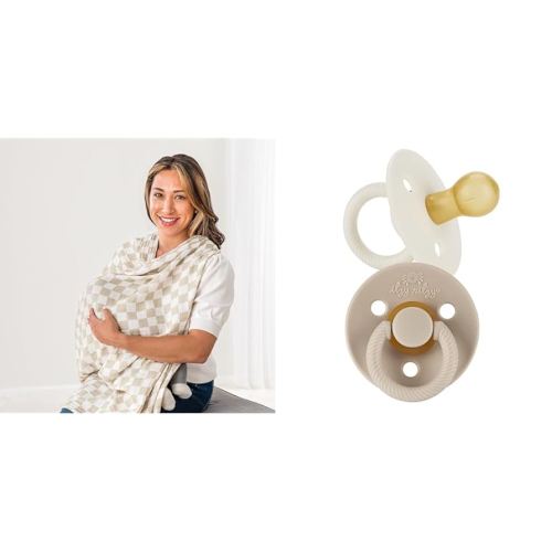 Itzy Ritzy 47" x 47" Breastfeeding Boss Multi-Use Cover, Swaddle & 2-Pack 0-6 Month Cherry Nipple Natural Rubber Pacifiers