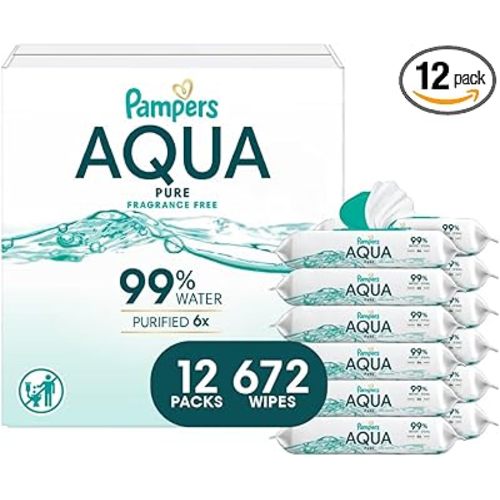 Pampers Baby Wipes Aqua Pure, 99% water-based wipes, Hypoallergenic and Unscented Baby Wipes, 672 Wipes Total (12 Flip-Top Packs)