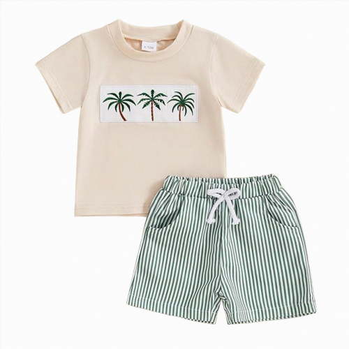 Toddler Baby Boy Clothes Summer Outfits Embroidery Trucks Smocked Shirt T-Shirt + Gingham Shorts 1T 2T 3T