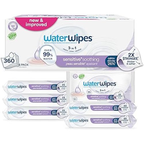 WaterWipes Sensitive+ Soothing Wipes, 3-In-1 Cleans, Cares, Soothes, 99% Water with Botanical Extract, Unscented & Hypoallergenic Baby Wipes, 360 Count (6 Packs)