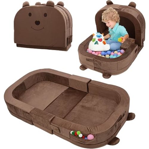 Toddler Travel Bed,Toddler Play Mat,Foldable&Portable Kids Floor Sofa with Removable Pillow,28D High-Density Sponge,Bear-Shaped 2-in-1 Activity Center for Reading, Playing,Little Sofa at Home
