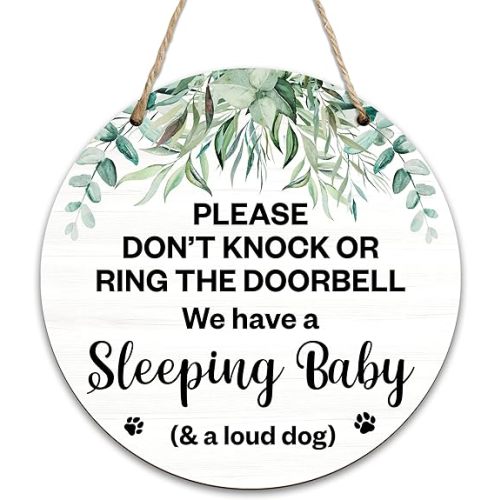 Baby Sleeping Door Sign For Front Door, Greenery Do Not Knock Or Ring Doorbell Hanging Sign For Home, No Soliciting Sign Gifts For New Parents, Dog Bark Warning Sign Decor For Babyroom Dog House -05