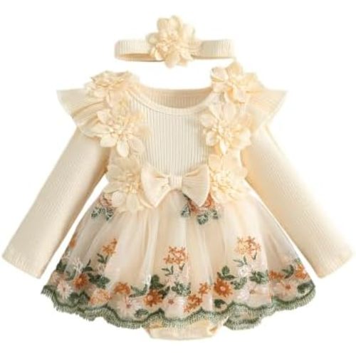 Douhoow Baby Girl Romper Dress Embroidery Lace Flowers Baby Dress Romper Fall Winter Festival Clothes with Headband