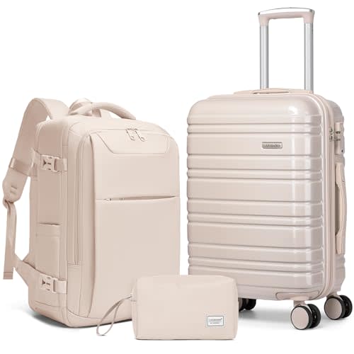 LARVENDER Carry on Luggage Sets 3 Piece, 20 Inch Suitcase, Glossy Champagne | 22x14x9 Airline Approved, Lightweight PC+ABS Hardshell, Smooth 360° Double Wheels, TSA Lock, 3-Piece Set with XL Backpack