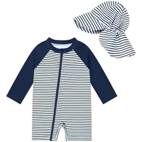 UPF 50+ Baby Toddler Boy One Piece Swimsuit with Sun Hat Long Sleeve Zipper Rashguard Bathing Suit for Infant