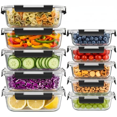 10 Sets 36 oz & 12 oz Glass Food Storage Containers with lids, Black | 20-Piece Airtight Leak-proof Glass Meal Prep Containers with Lids, Microwave Oven Freezer Dishwasher Safe