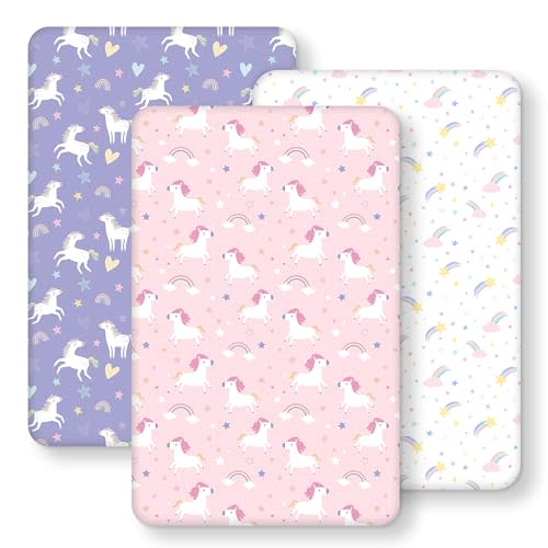 Baby Bedside Bassinet Sheets Fitted Girl, 33”x20” Compatible with Baby Delight Dream On Me & Most Rectangle Bedside Sleeper Bassinet Mattresses, Super Soft Microfiber Pink Purple Rainbow