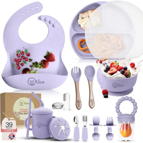 O'doe 17-Piece BPA-Free Silicone Baby Feeding Set | Thick & Soft Suction Plates, Baby Bowls, Wooden Fork & Spoon, and More | Make Mealtime Fun and Easy for Your Little One (Purple, V2)