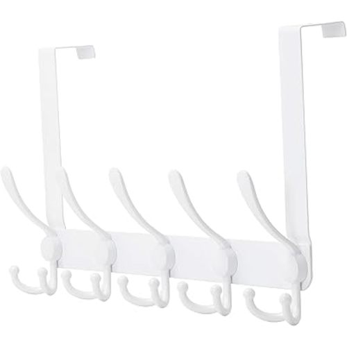 Dseap Over The Door Hook Hanger - Fits 1 3/8" to 1 3/4" Standard Doors | 5 Tri Hooks Heavy Duty Towel/Coat Rack | Door Organizer for Clothes, Jackets, Hats, Towels, White