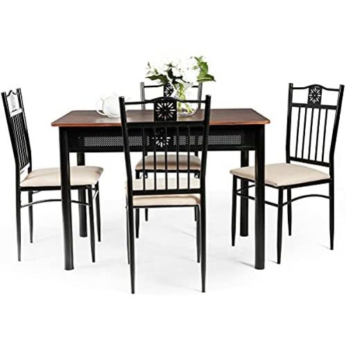 5 PCS Dining Set 1 Table 4 Comfortable High Backrest Armless Sponge Cushion Chairs Breakfast Nook Steel Frame Construction Ideal For Dorm Apartment Kitchen Dining Room Restaurant Coffee Shop Use