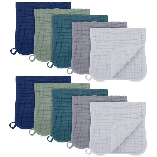 HIPHOP PANDA Muslin Burp Cloths, 10 Pack - Large 20" X10" - Ultra Absorbent and Soft 100% Cotton Baby Essentials Drool Rags and Messes for Newborn - Colorful Designs for Boy Girl, Gray Navy Fusion