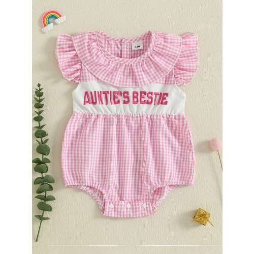 Aunties Bestie Baby Girl Clothes Aunt Saying Letter Embroidery Smocked Bubble Romper One-Piece Ruffle Plaid Bodysuit