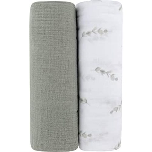 Ely’s & Co. Cotton Muslin Swaddle Blanket 2-Pack for Baby Boy or Girl — 100% Cotton Muslin Extra-Large Swaddle Blankets (47” x 47”) Watercolor Eucalyptus Print & Solid Sage