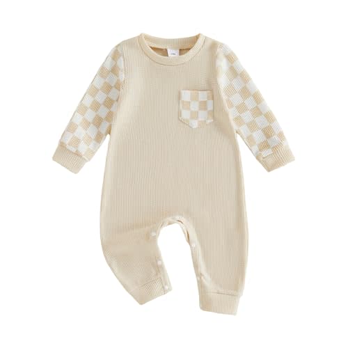 Newborn Baby Boy Fall Outfit Romper Long Sleeve Plaid Print Patchwork Jumpsuits Cute Infant Waffle Clothes
