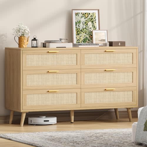 Rovaurx Rattan 6 Drawer Double Dresser for Bedroom, 47.2" Wide Boho Chest of Drawers, Modern Wooden Dresser Chest with Golden Handles, Beside Table for Closet, Living Room and Entryway, Natural Oak