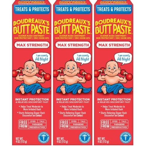Boudreaux's Butt Paste Maximum Strength Diaper Rash Cream, Ointment | For Baby | 4 oz Tube | Pack of 3