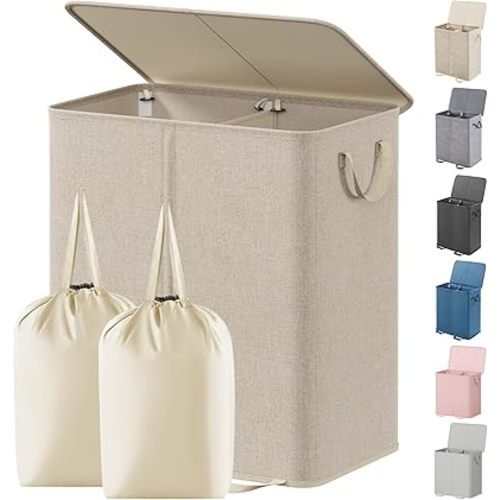 Lifewit Double Laundry Hamper with Lid and Removable Laundry Bags, Large Collapsible 2 Dividers Dirty Clothes Basket with Handles for Bedroom Laundry Room Closet Bathroom College, 155L Beige