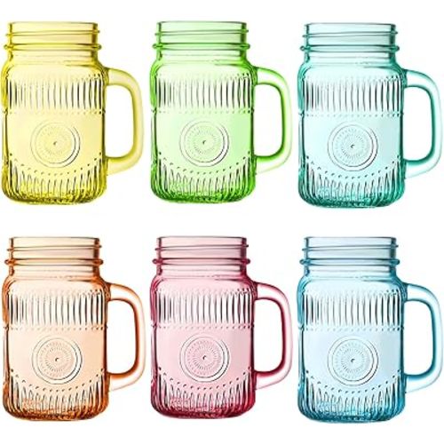 Amzcku Vintage Colored Drinking Glass Mason Jar 16 OZ with Comfortable Handle for Party Beverages 6 pcs