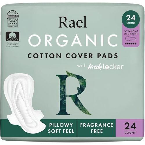 Rael Organic Cotton Cover Sanitary Pads for Women (XL Overnight, 24 Ct) | Ultra Thin Period Pads with Wings for Women, Ultimate Absorbency, Unscented, Chlorine Free, Period Essentials, Feminine Care