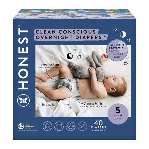 The Honest Company Clean Conscious Overnight Diapers, Cozy Cloud + Star Signs, Size 5, 40 Count Club Box