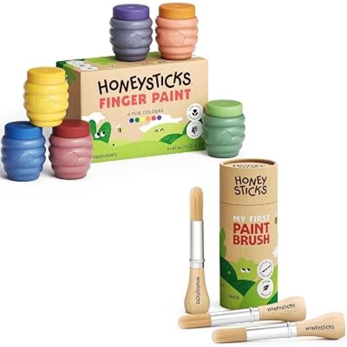 Honeysticks Non Toxic Finger Paint (6 Bright Colors) and My First Paint Brush Set (3 Pack), Perfect Gifting for Toddlers and Children, Non Toxic, Natural - Made in New Zealand