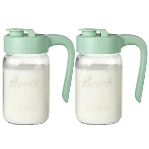 Mason Jar Pitcher, 2 pcs 32 oz (1 quart), Glass Pitcher with Lid | Airtight, Leak proof, Ergonomic Handle, Pour Spout Lid, Fridge Safe, for Sun Tea, Iced Tea, Cold Brew, Lemonade, Outside