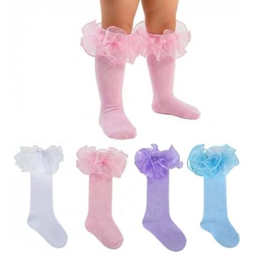 Baby Knee High Socks Girls Non Slip Long Socks Lace Ruffle Stockings for Newborn Infant Toddler Kids 0-8 Years Old