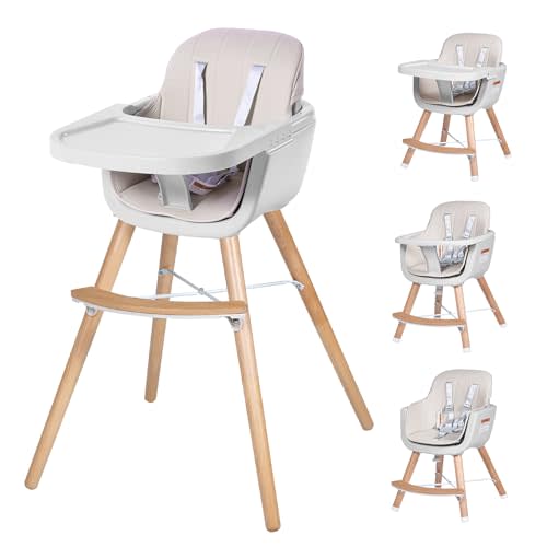 High Chairs for Babies and Toddlers,3 in 1 Convertible Wooden highchair, Baby High Chair with Adjustable Legs,5 Point Harness, Footrest, Dishwasher-Safe Tray & PU Leather Cushion, Beige