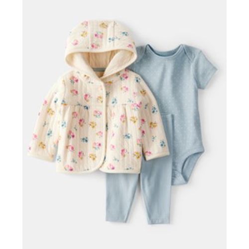 Baby Girls Floral Quilted Little Jacket, Bodysuit & Pants, 3 Piece Set