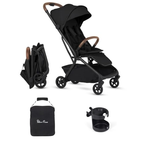 Silver Cross Nia Compact Travel Stroller + Cup Holder + Travel Bag Bundle - Onyx