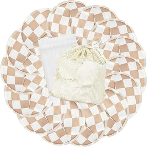 wegreeco Nursing Breast Pads (14 Pack) + Laundry Bag & Travel Storage Bag, 4.7 inch - Washable & Reusable Breastfeeding Nursing Pads (Light Coffee Checkerboard, Large, Contoured Shape)