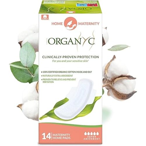 Organyc Home Postpartum Pads, Certified Organic Cotton Pads for Women, Large Pads for Heavy Flow Days After Childbirth, 14 Counts