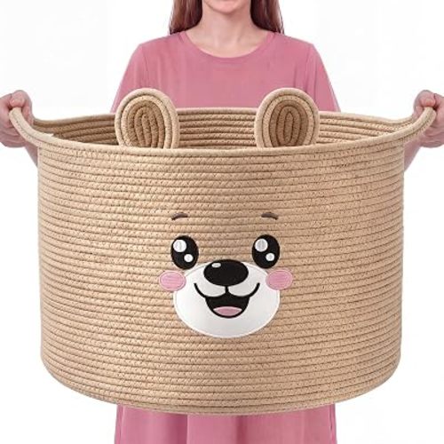 LemonRoad Baby Laundry Basket Large Nursery Hamper 20"x14" Highland Cute Bear Basket 90 L Round Woven Rope Cotton Storage for Laundry Blanket Toy Towel Box with Ears Handles Decor Storage Bins