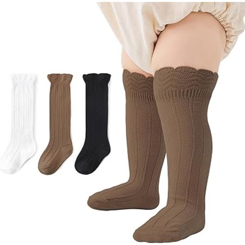 Zando Baby Girls Knee High Socks 3-Pack, Soft Cotton Long Tube Ruffle Socks for Preemie Infant Newborn Toddler 0-3T
