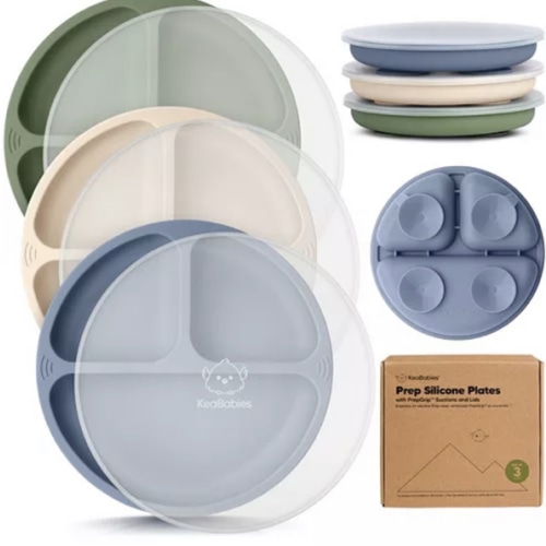 3-Pack Prep Suction Plates with Lids, 100% Silicone Baby Plates with Lid, BPA-Free Kids Divided Toddler Plates