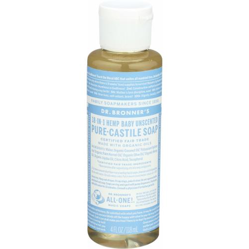 Dr. Bronner,S Magic Soaps Pure Castile Soap, 18-In-1 Hemp, Unscented Baby Mild, 4 Fluid Ounces (118 Ml)