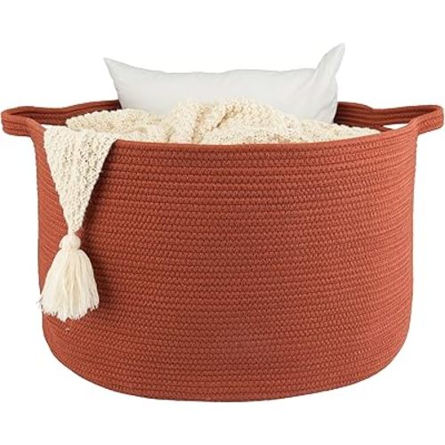 XUANGUO Large Cotton Rope Basket Blankets Basket Living Room 22"x14" Toy Baskets for Kids and Dogs Rope Storage Baskets for Nursery Woven Laundry Baskets for Clothes Towels Baby Toy round rustic