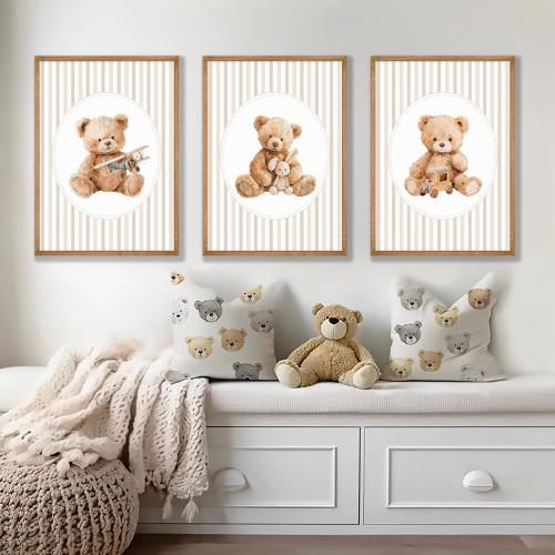 Vintage Teddy Bear Nursery Prints: Beige Baby Boy Wall Art - Set of 3