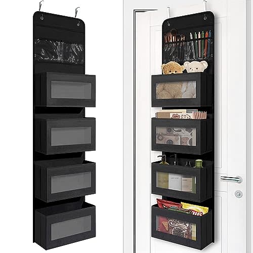 Giraffe Creation Black Over Door Organizer with 4 Large Clear Pockets, Hanging Door Storage for Closet, Bathroom, Bedroom, Dorm, Nursery, Toys, Toiletries, Cosmetics