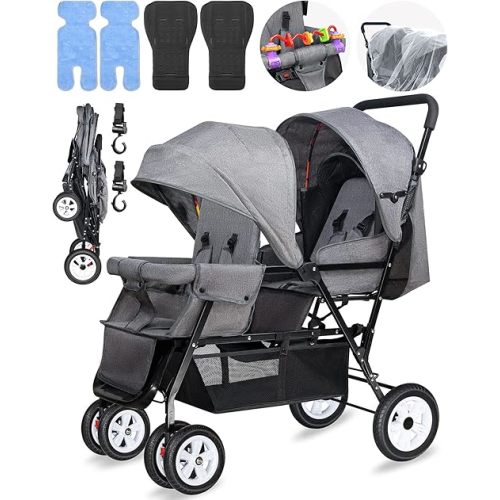 Double Stroller for Infant Toddler, Foldable Double Baby Stroller with Tandem Seating and Adjustable Backrest - Extra Gift Toys/Mosquito Net/Sleeping Mats/ 2 Hooks/ 2 Cotton Pads（Grey）